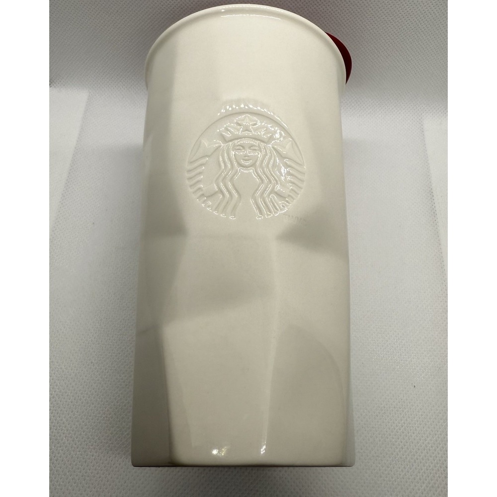 Starbucks 2013‎ White Faceted Tumbler Ceramic 10oz Travel Cup Red Lid Coffee Mug
